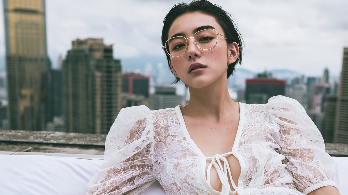 一位惊艳的二十多岁日本或韩国女性，戴着金色金属细框眼镜，身穿白色蕾丝泡泡袖系带领口衬衫，以自然躺卧的姿势斜靠在床沿；头部转向镜头，位于高楼屋顶边缘，背景有屋顶护栏和混凝土女儿墙…