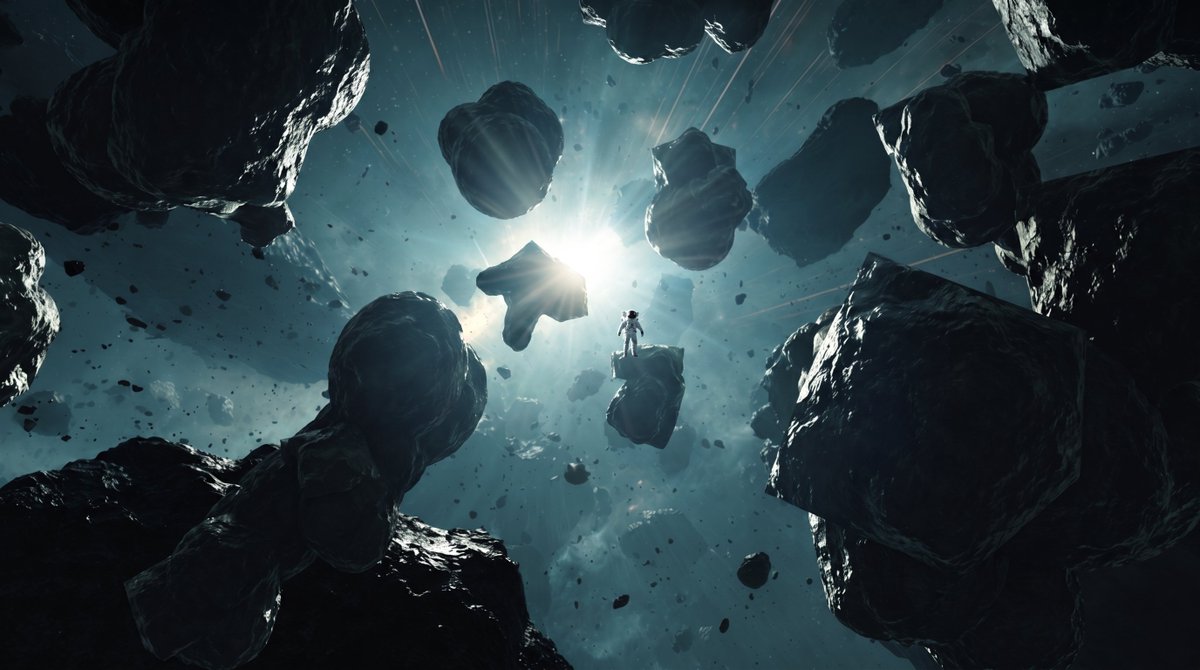 以Image1作为空间布局和遮挡关系的参考,将其中的红色物体替换为小行星,以太空为背景,并参照Image2营造强烈的逆光效果,生成一张图片。