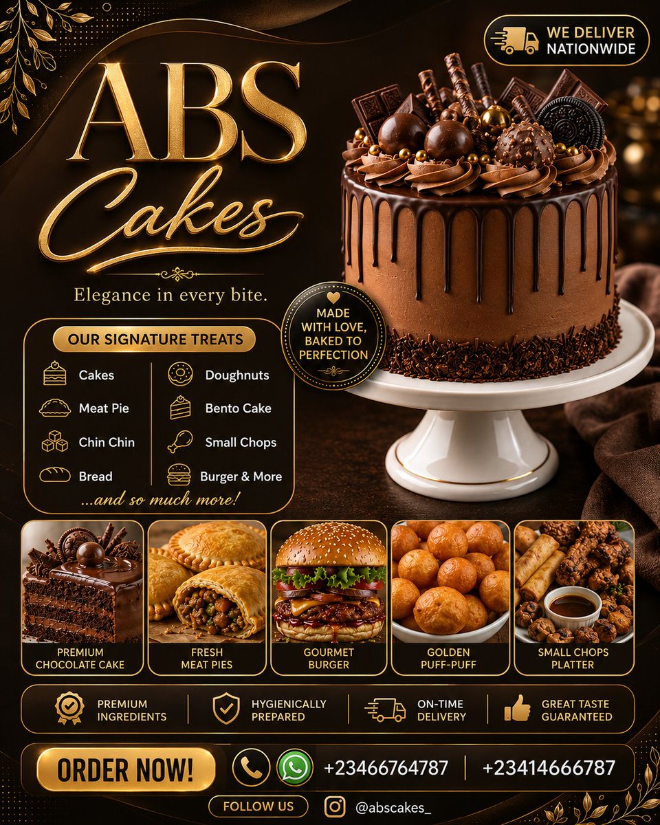 为 ABS Cakes 创作一张高端、超写实的 4:5 烘焙店广告海报，采用奢华现代的品牌风格。不要包含任何人体模特或肖像。使用优雅的深巧克力棕、米白与金属金…