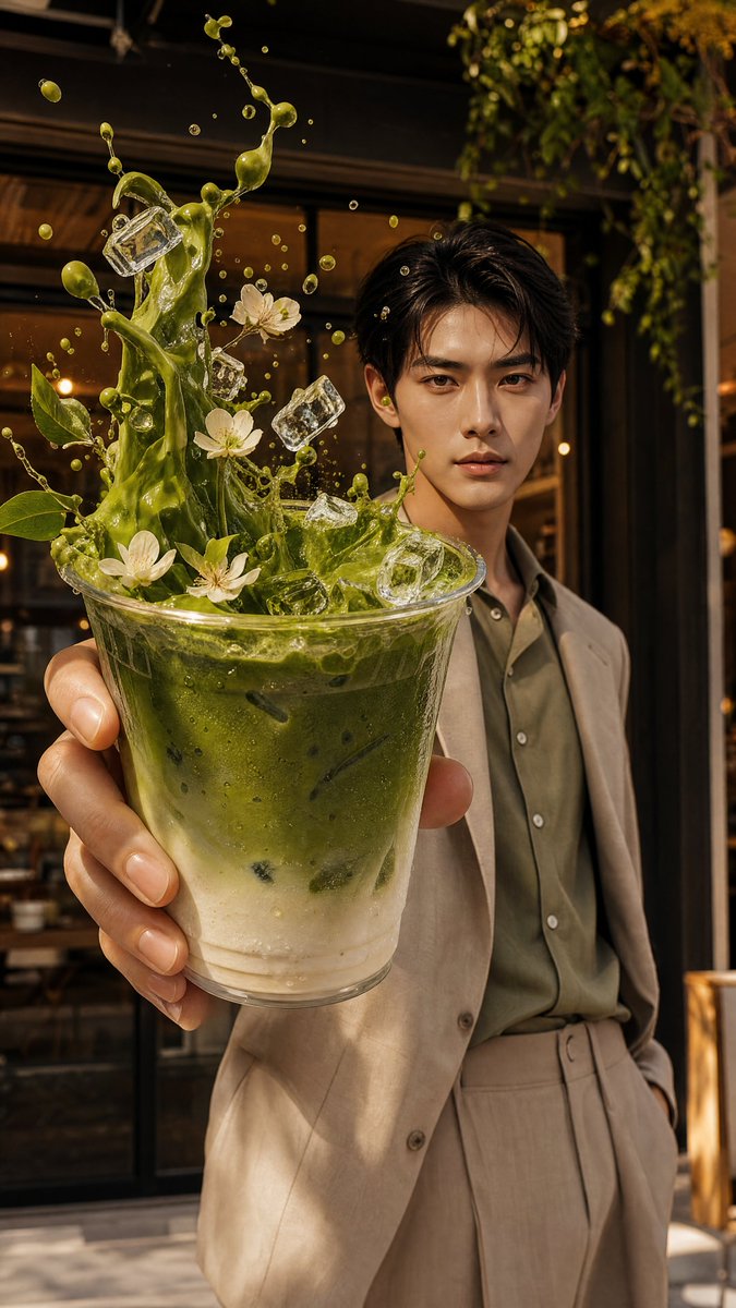 超写实奢华饮品广告，电影级商业摄影，竖版 9:16。 一位时髦、优雅、前卫时尚的 [SUBJECT] 自信地站在背景中，以冷静奢华的编辑大片表情直视镜头。身着完美契合饮品色调与氛…