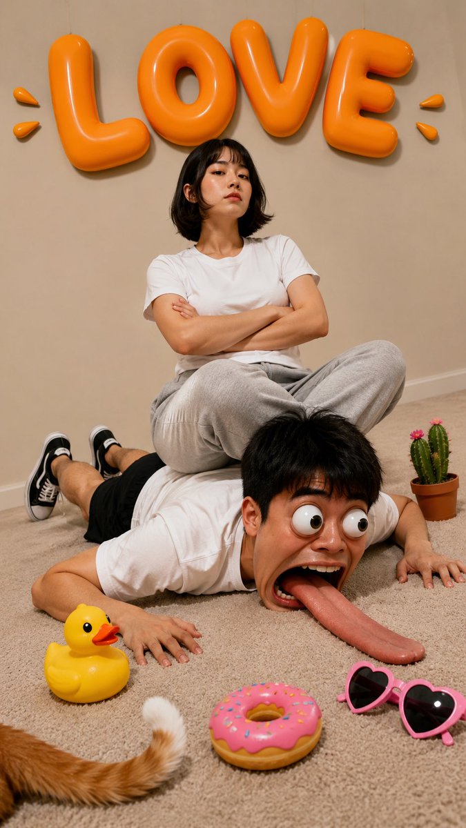 一张完全荒诞、幽默、超现实的摄影作品，将写实摄影与卡通风格的3D特效混合在一起。一位年轻的东亚男性俯卧在米色地毯上，穿着白色T恤、黑色短裤和黑白相间的帆布鞋。他的身体、手和脚完全…