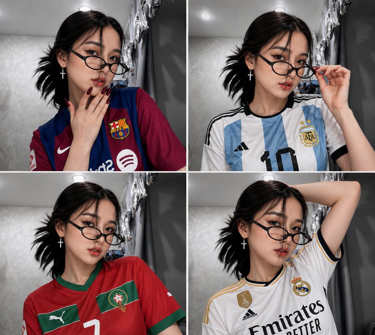 超写实 4 面板拼贴画，同一位美丽年轻女性（在 REFRANCE IMAGE 中给定面部）在室内对着镜子自拍。黑色中长头发扎成凌乱的低马尾，蓬松的修饰脸型的刘…