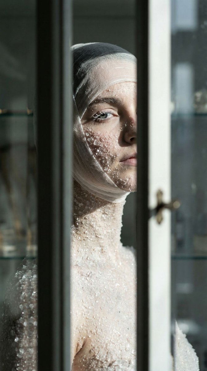 { "vibe_title_en": "Crystallized Authority", "master_prompt": "A voyeuristic, t…