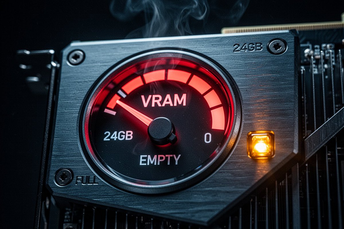 汽车风格燃油表的微距特写，表盘显示“VRAM”，指针越过EMPTY（空）卡在发光的红色区域中，嵌在显卡背板上，琥珀色警示灯，隐约的热浪扭曲，冷调蓝红配色，照片级写实，胶片颗粒感…