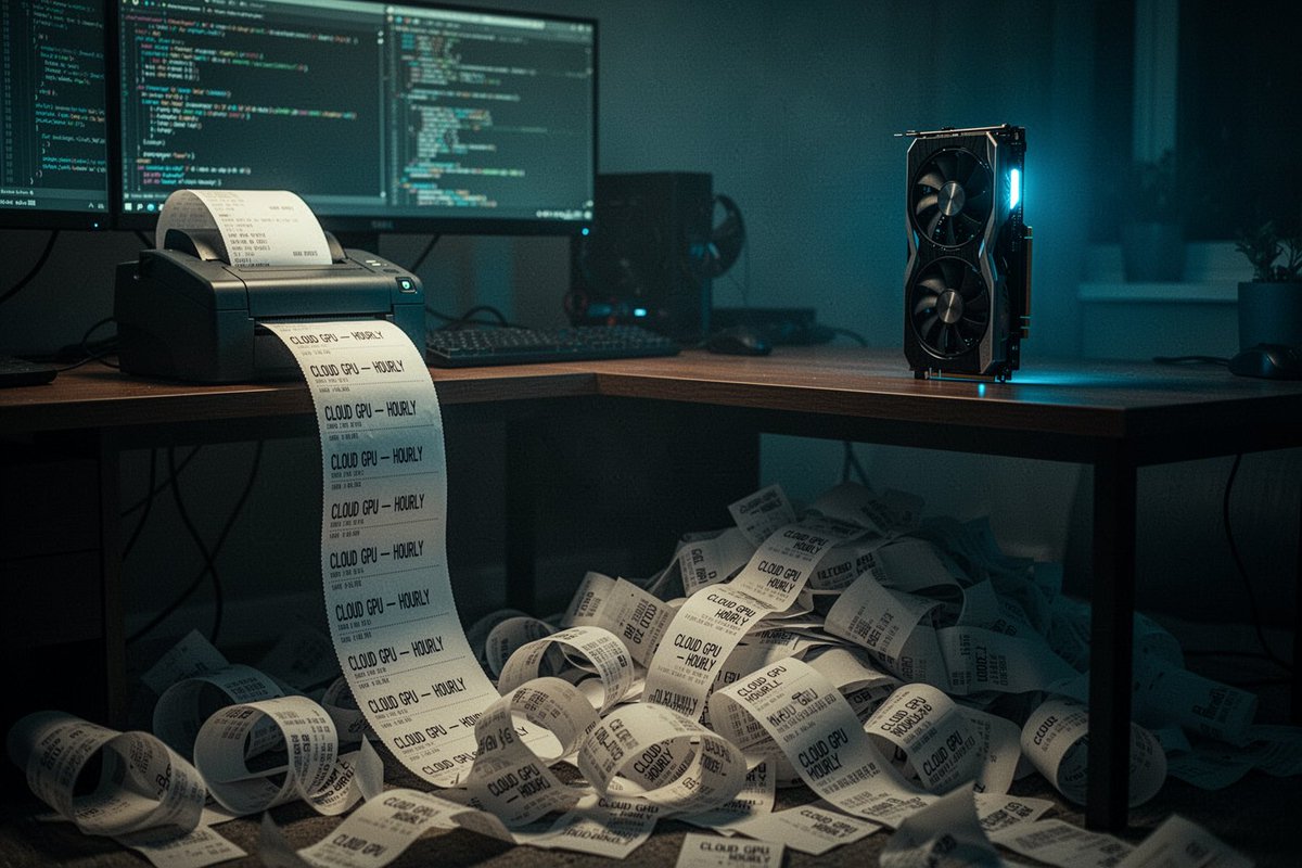 夜晚昏暗的家庭办公室，一台收据打印机不断吐出一张没完没了的收据，从桌面垂落下来，在地板上卷成一堆堆纸卷，每一行都写着"CLOUD GPU — HOURLY"（云 GPU — 按小…