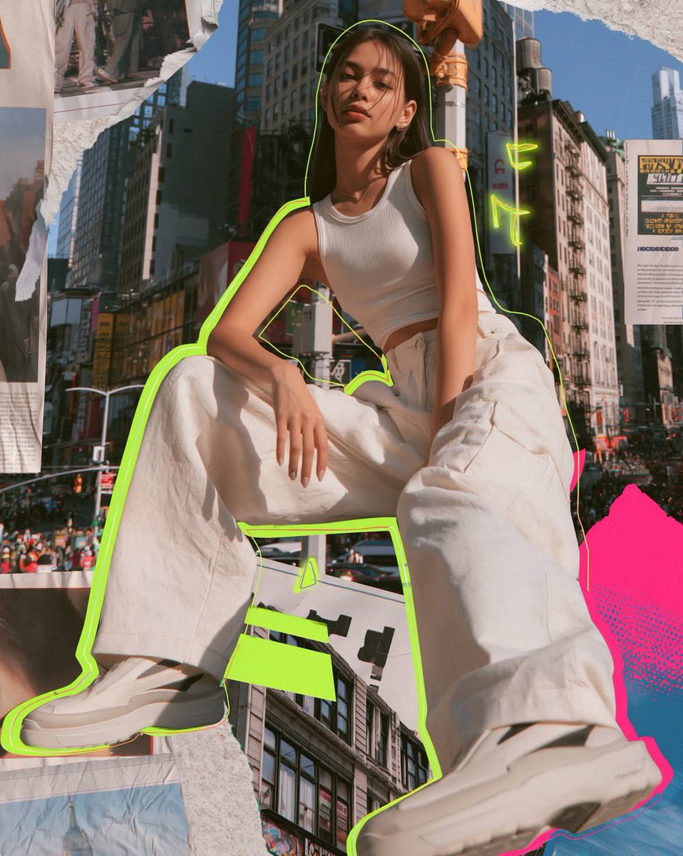 超写实混合媒介时尚拼贴画，画面中是一位酷感十足的年轻女性，身处现代都市环境。拍摄角度略低于视平线，正面平视或柔和的3/4半身构图。她气场自信冷峻，穿着宽松阔腿长裤、修身的短款背心…
