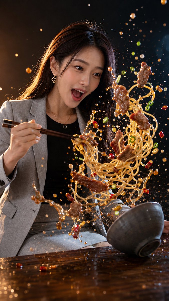 出去吃饭怎么能不拍几张有创意的照片呢? 食物飞溅定格创意照片。📷 GPT- image 2 prompt 👇 一张电影感高速摄影单帧,high-speed cinematic p…
