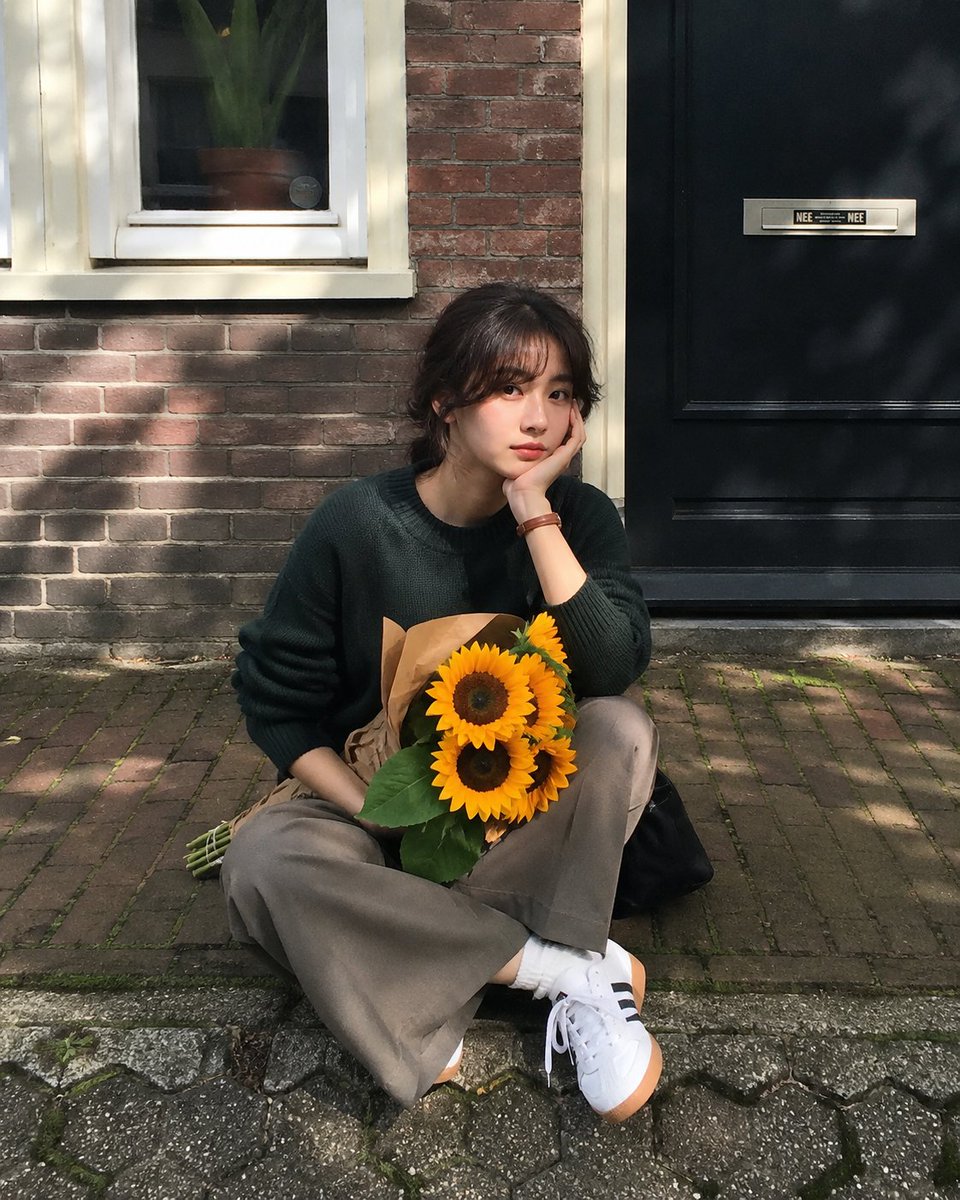 https://t.co/3Qytn8YBPy 超写实生活风格人像：一位美丽的年轻东亚女性，坐在欧洲一条安静的住宅街道的路沿上，身后是一栋带有黑色木门和白色窗…