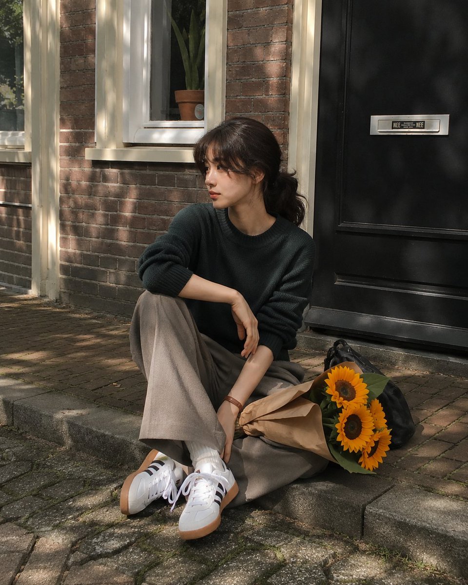 https://t.co/3Qytn8YBPy 超写实生活风格人像：一位美丽的年轻东亚女性，坐在欧洲一条安静的住宅街道的路沿上，身后是一栋带有黑色木门和白色窗框的红砖联排别墅。自…