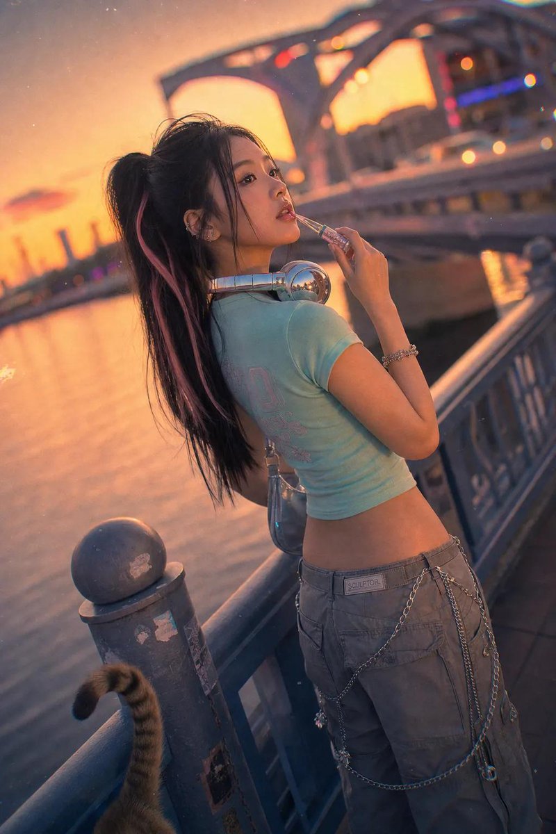 一部电影感、高品质的人像摄影作品，使用 Canon EOS R5 搭配 RF 85mm f/1.2L 镜头拍摄。一位时尚年轻的东亚女性在黄金时刻的日落时分站在一座繁忙的城市桥上…
