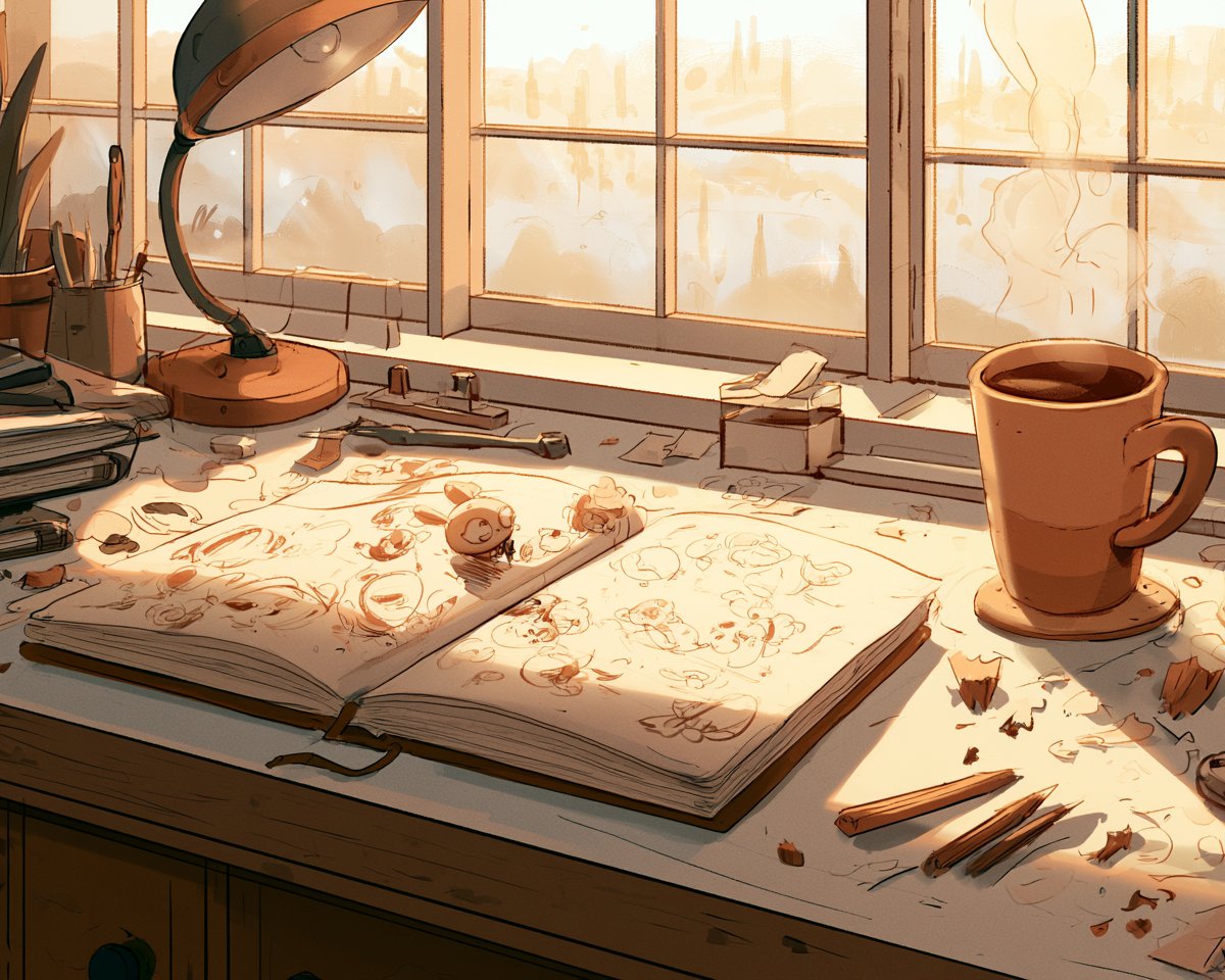 日出时分舒适的插画师书桌，翻开的素描本，小小的墨水角色从未完成的涂鸦中爬出来，咖啡杯，铅笔屑，温暖的窗边光线，简洁的卡通插画，简约的形状，柔和的纸张质感，俏皮的清晨氛围 --v…
