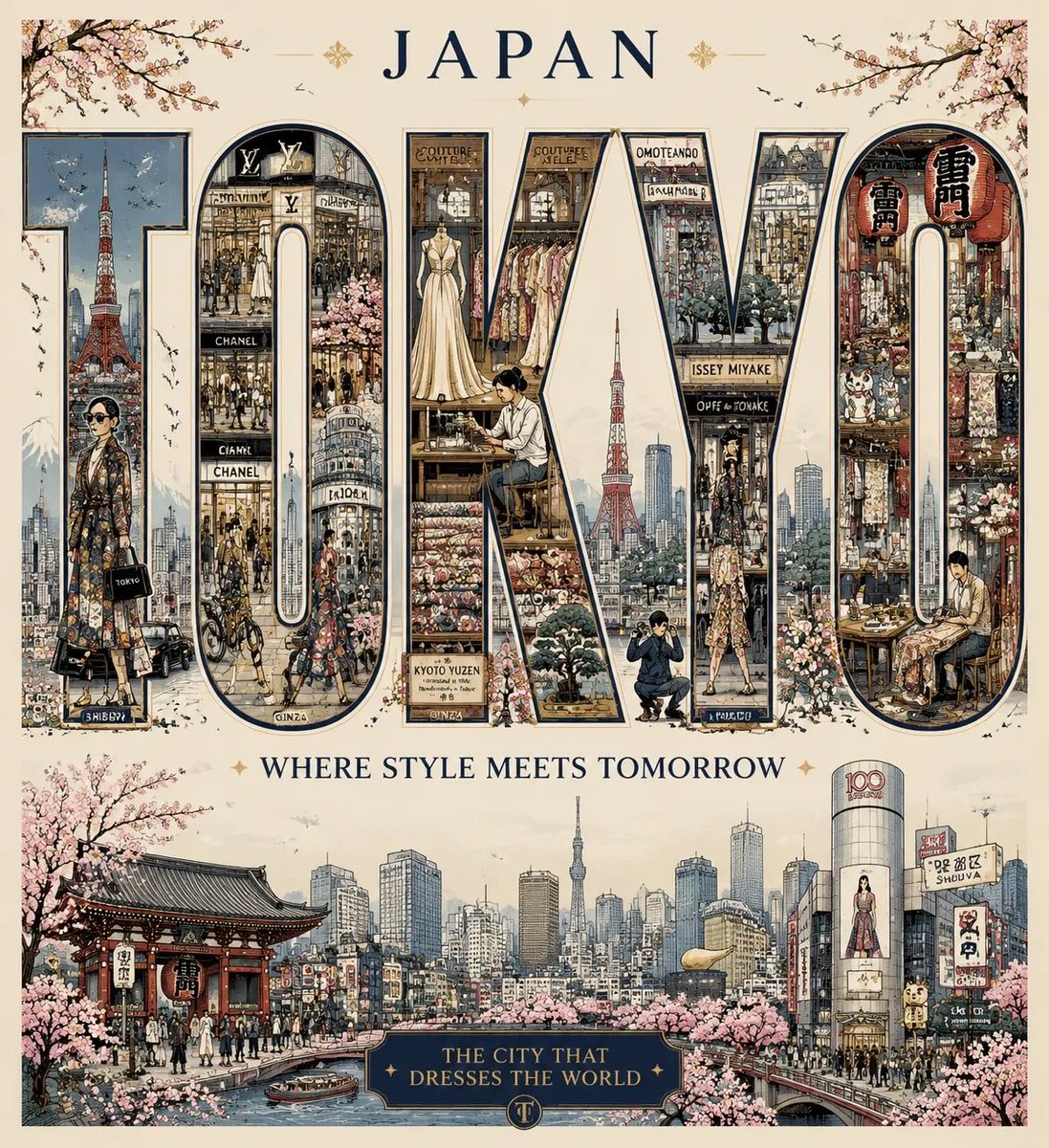 创作一张高度精细的奢华社论旅行海报，灵感源自《Vogue》、路易威登城市指南、爱马仕插画和官方纪念城市海报。 文字"[CITY]"以巨大加粗的大写排版呈现，占据了画面的大部分构图…