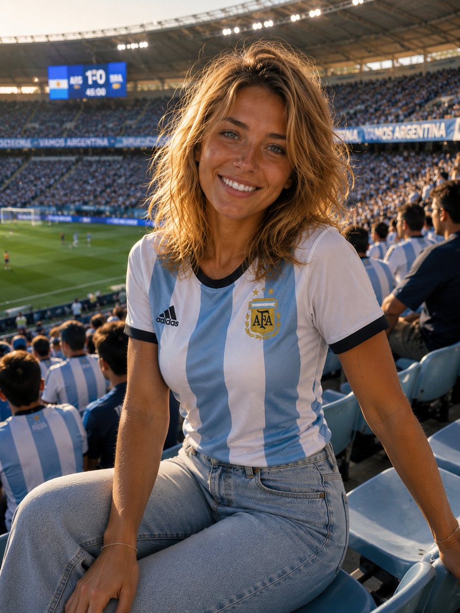 🇦🇷 阿根廷女孩 超写实电影感人像：一位美丽的年轻阿根廷女子坐在 2026 年国际足联世界杯体育场看台上，蜂蜜金色齐肩波浪卷发，蓝绿色眼睛，明亮的笑容，身着朴素的阿根廷国家队球衣…