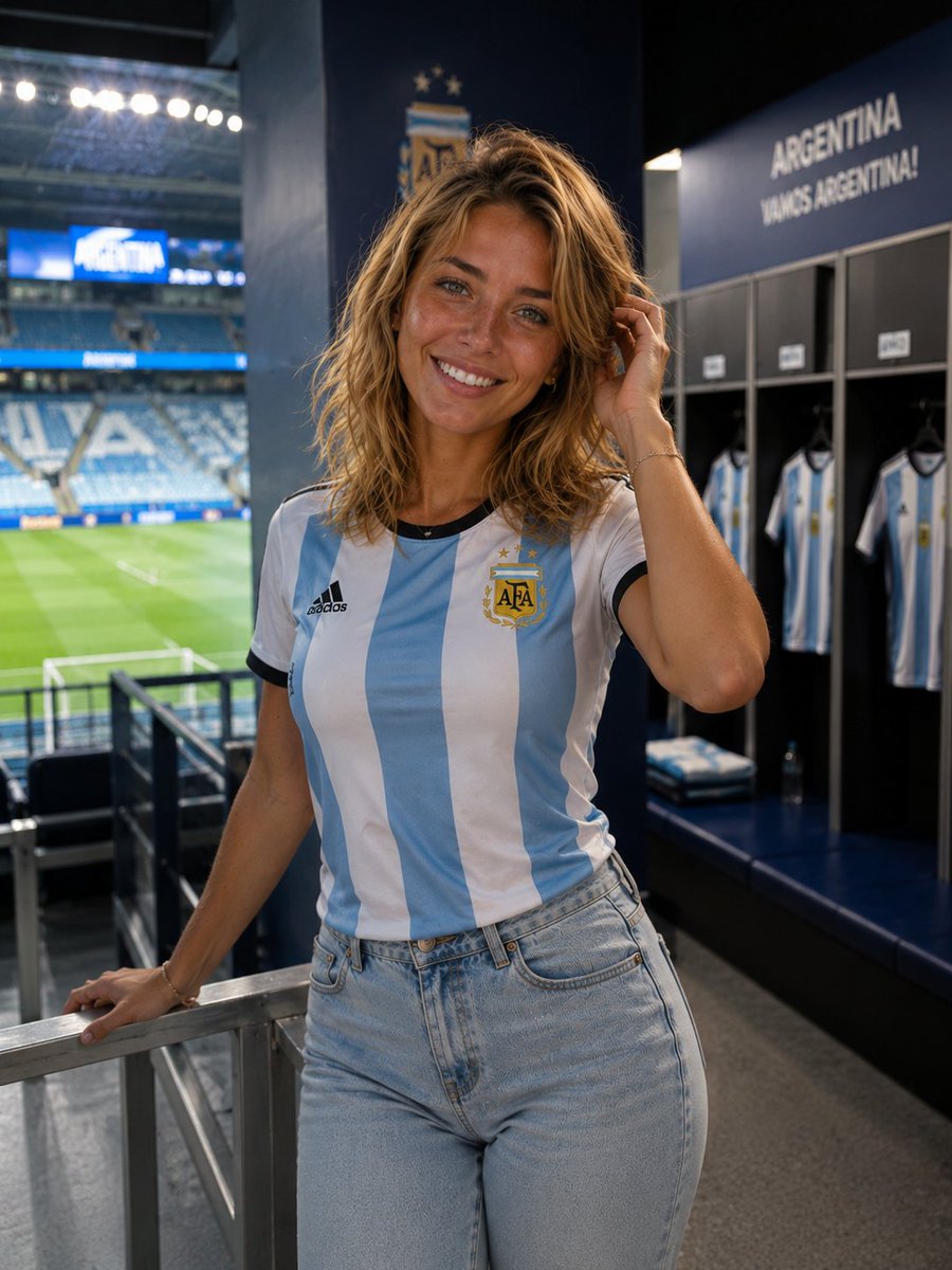 🇦🇷 阿根廷女孩 超写实电影感人像：一位美丽的年轻阿根廷女子坐在 2026 年国际足联世界杯体育场看台上，蜂蜜金色齐肩波浪卷发，蓝绿色眼睛，明亮的笑容，身着朴素的阿根廷国家队球衣…