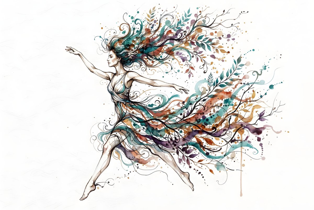 一幅水彩与水墨插画描绘了一位处于动态中的女性，她的躯体以细腻、流畅的线条勾勒而成。她的发丝与衣裙融入抽象、有机的形态，宛若枝桠与墨迹飞溅，呈现出青色、铁锈色与…