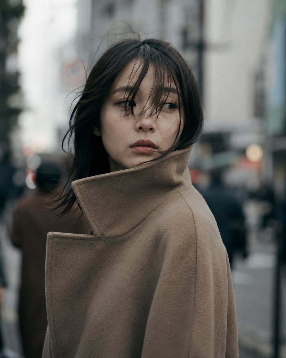 GPT Image 2 于 ChatGPT 城市未曾察觉 提示词⬇️⬇️⬇️ 85mm f/1.4 镜头人像拍摄，中近景，一位二十多岁的日本女性，黑色头发在风…
