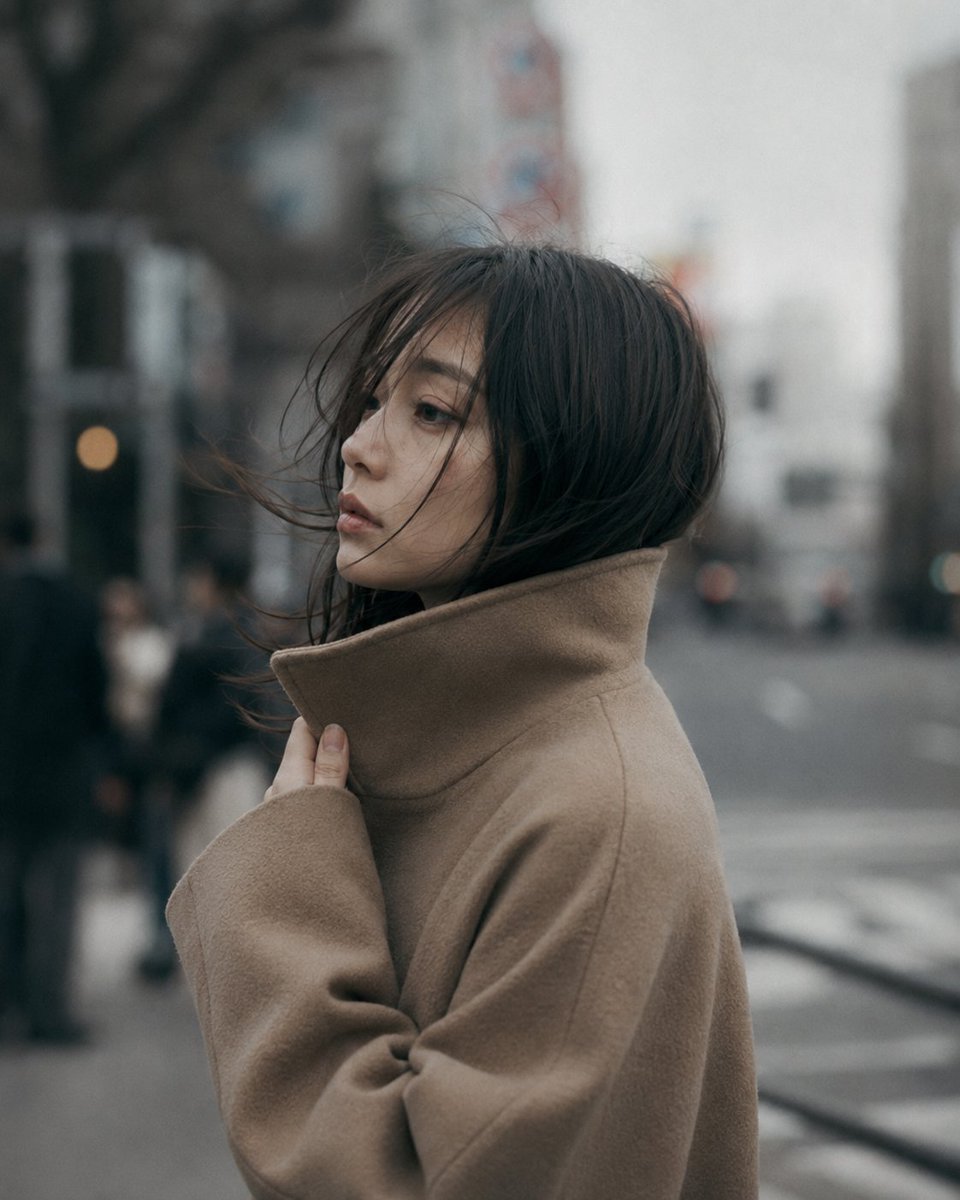 GPT Image 2 于 ChatGPT 城市未曾察觉 提示词⬇️⬇️⬇️ 85mm f/1.4 镜头人像拍摄,中近景,一位二十多岁的日本女性,黑色头发在风中微微飘动,稀疏的刘…