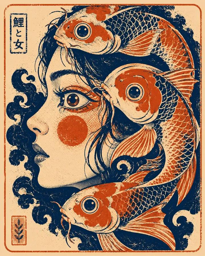 大胆的图形丝网印刷插画，[HUMAN] 侧脸与三只风格化的 [ANIMAL] 紧密交织，采用 [COLOR1]、[COLOR2] 和 [COLOR3] 的有限…