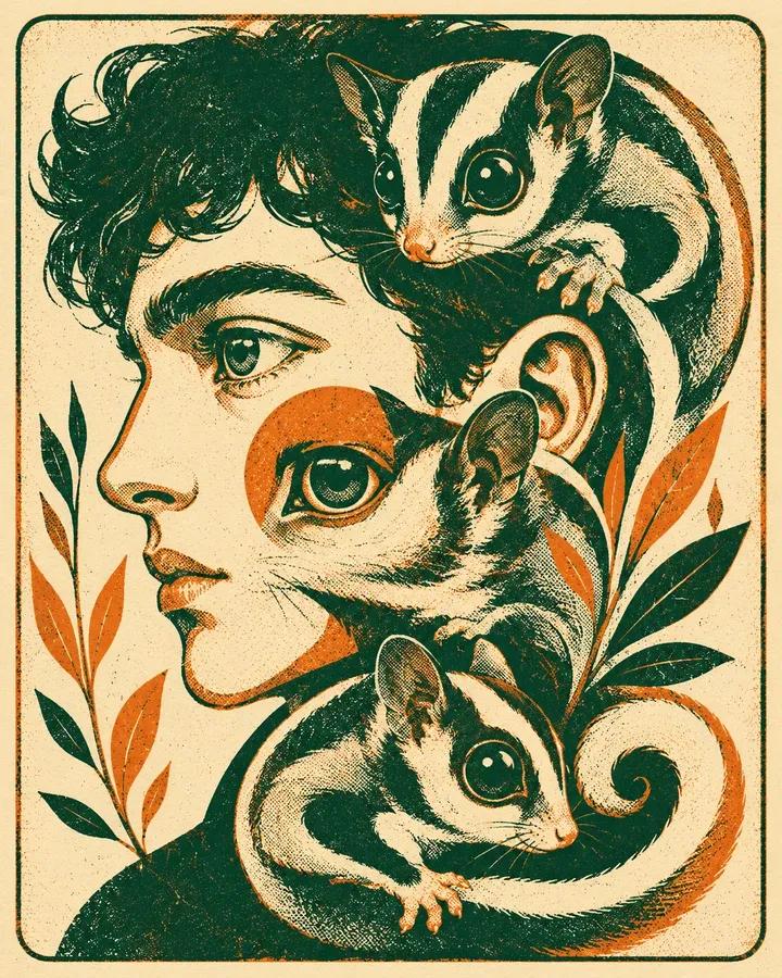 大胆的图形丝网印刷插画，[HUMAN] 侧脸与三只风格化的 [ANIMAL] 紧密交织，采用 [COLOR1]、[COLOR2] 和 [COLOR3] 的有限调色板渲染。粗厚的线…