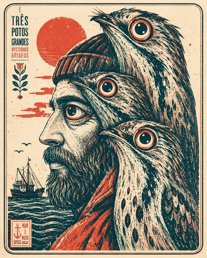 大胆的图形丝网印刷插画，[HUMAN] 侧脸与三只风格化的 [ANIMAL] 紧密交织，采用 [COLOR1]、[COLOR2] 和 [COLOR3] 的有限调色板渲染。粗厚的线…