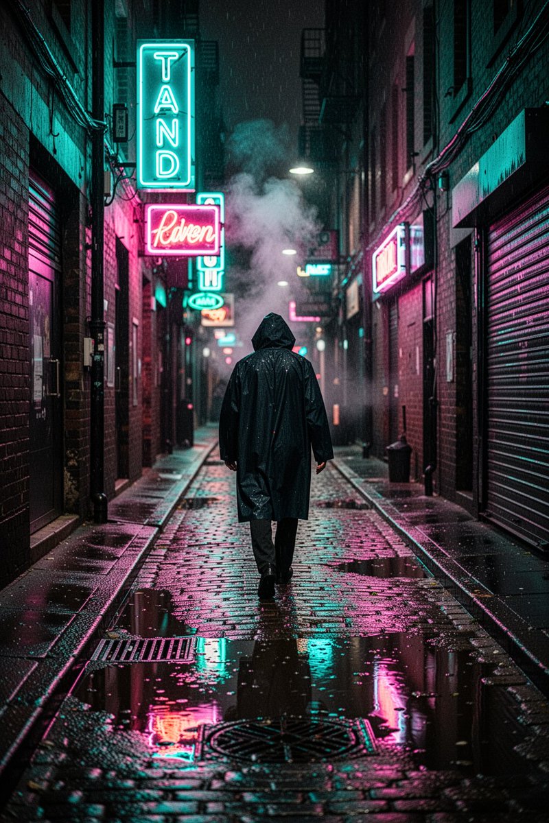 雨夜中狭窄潮湿的小巷,高对比度的霓虹招牌发出青蓝与品红的光,倒映在湿润的鹅卵石路面和浅浅的水洼中;一个身穿深色连帽雨衣的孤独身影背对镜头走去,蒸汽从街道的通风口升起,深沉的压暗阴…