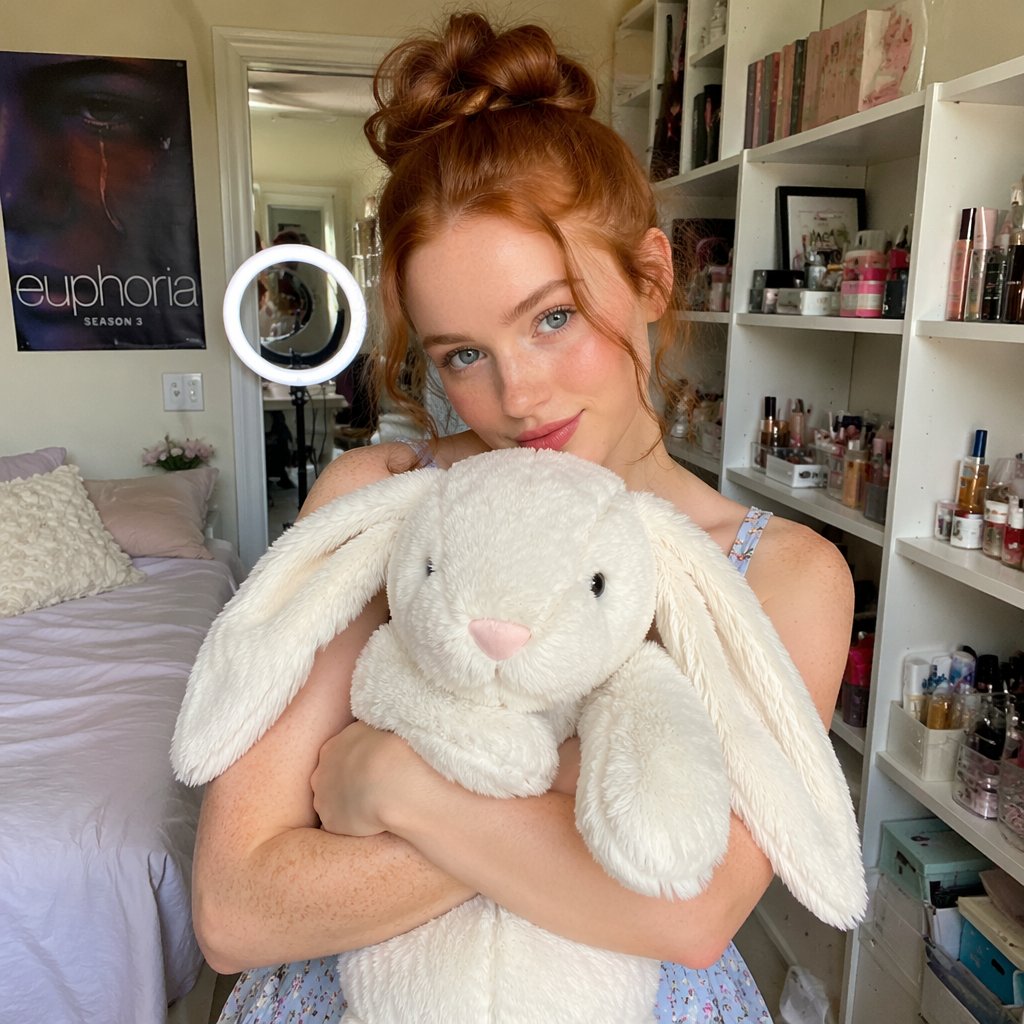 https://t.co/yof3q9vRym 写实风格肖像:Sadie Sink 侧身躺在一块带有图案的地毯上,场景设定在一间温馨的卧室中,风格类似亲密的 Instagram…
