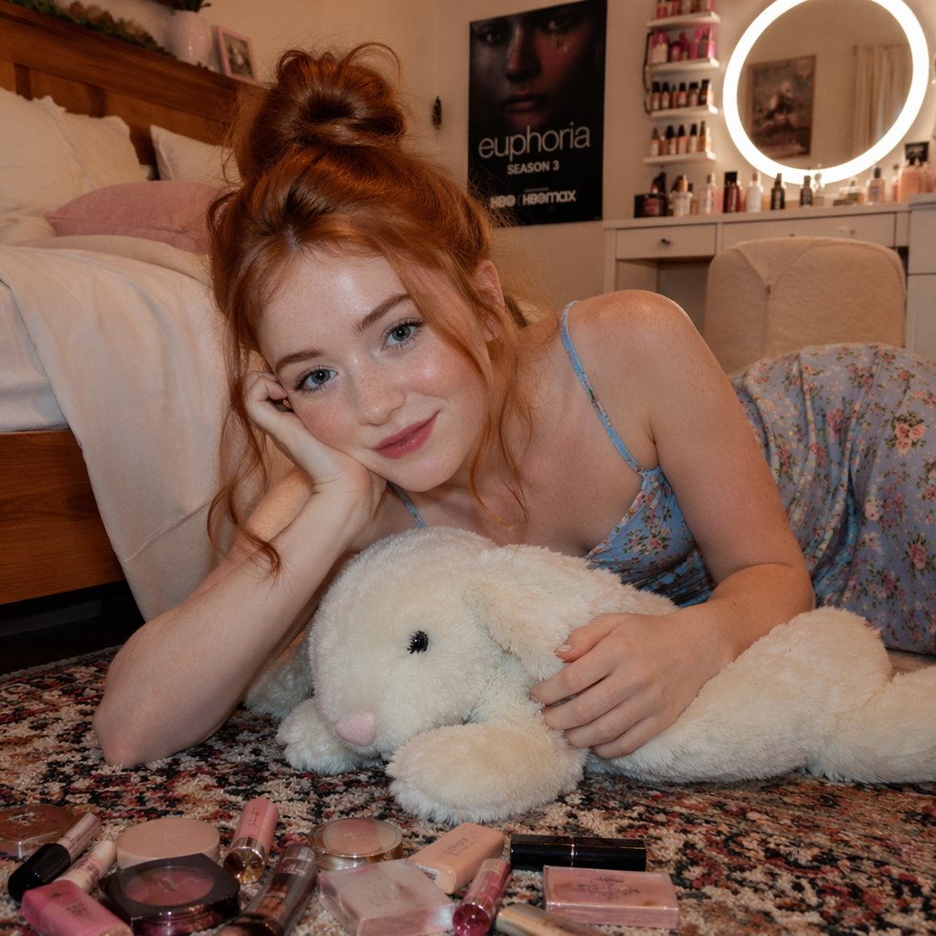 https://t.co/yof3q9vRym 写实风格肖像:Sadie Sink 侧身躺在一块带有图案的地毯上,场景设定在一间温馨的卧室中,风格类似亲密的 Instagram…