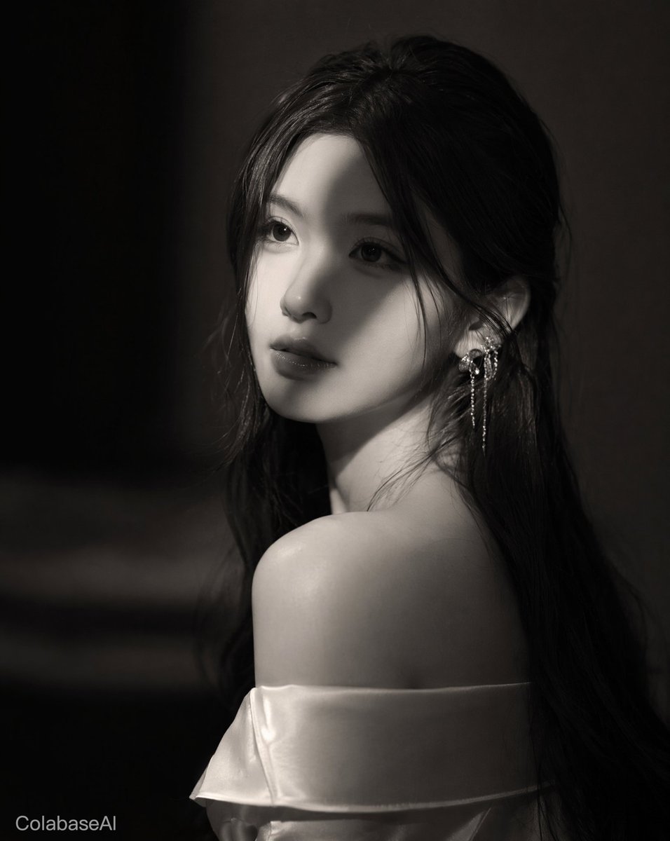 超写实电影级黑白 Vogue 时尚编辑风格肖像照，一位美丽的日本女性。四分之三侧面姿势，双肩背向镜头，头部微微上扬，眼神望向画面之外，神情沉静而梦幻，双唇微微分开。乌黑长发自然波…