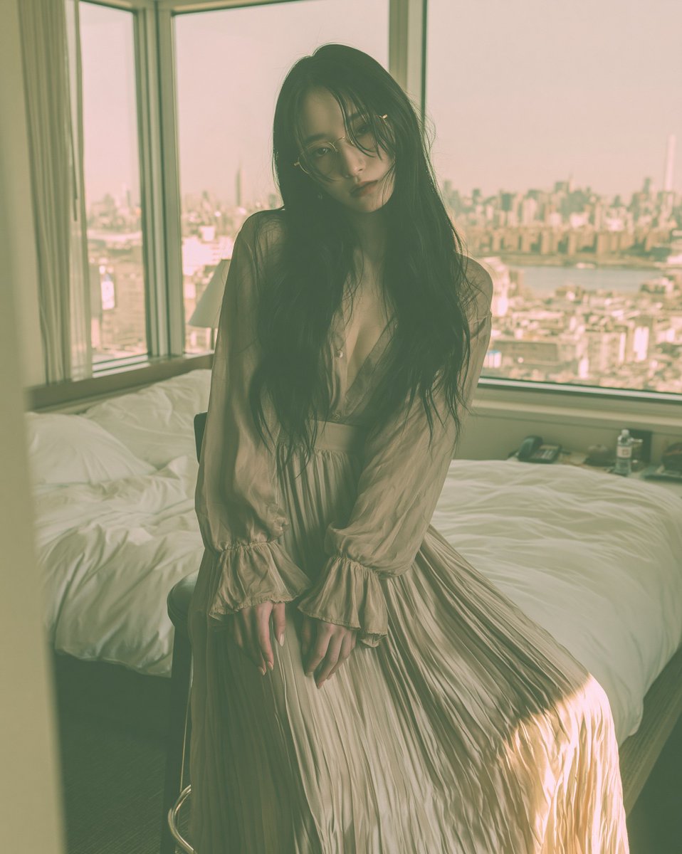 一位迷人的25岁左右的日本或韩国女性，佩戴金色金属细框眼镜，身穿长上衣搭配百褶超长半身裙，坐在吧台上，身体前倾，上半身向前倾斜，重心稳定，面向镜头。中心场景是…