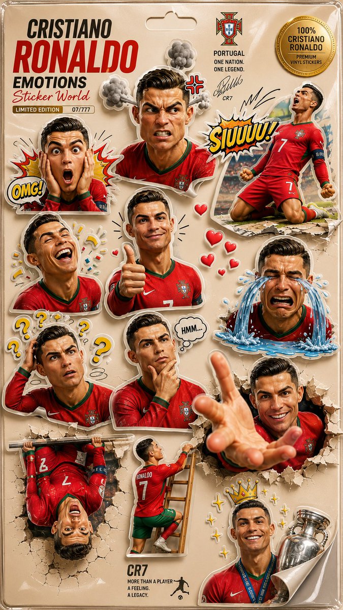 创作一款超高端、限量版的3D卡通贴纸收藏卡,以C罗(Cristiano Ronaldo)为主角。必须极其精准地保留他极具辨识度的面部特征——包括他的运动员体格…