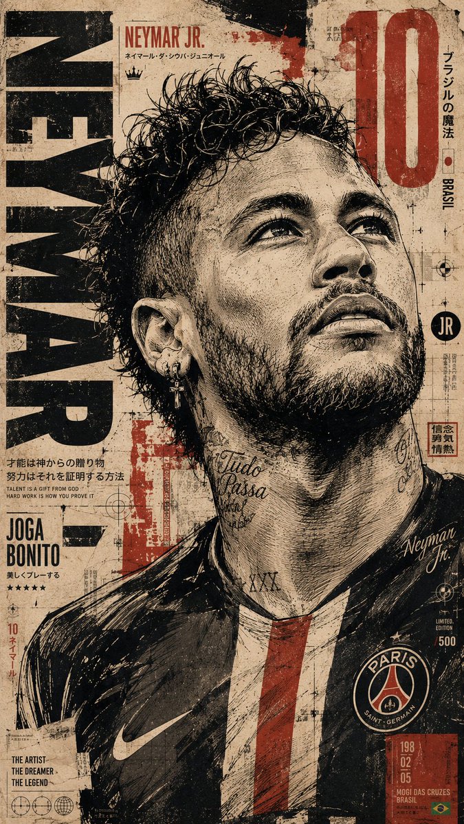 创作一幅高级竖版体育编辑海报，以内马尔（Neymar Jr.）为主角，采用精致的日式漫画灵感的混合媒介印刷风格。以 9:16 比例进行构图，采用平衡的不对称编…