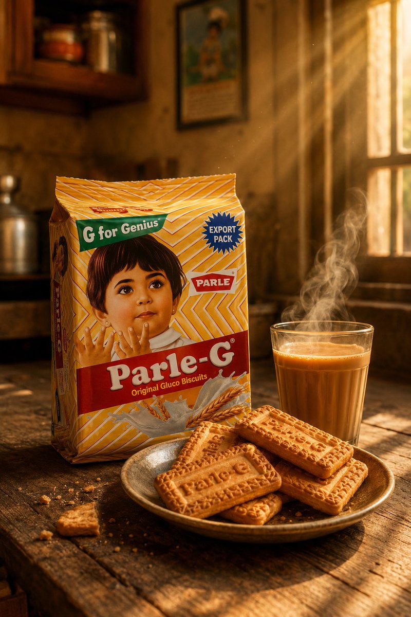 超写实高级商业摄影：经典黄白配色Parle-G饼干包装直立放置在质朴木桌上，旁侧放着一杯热气腾腾的印度奶茶，拍摄于金色日出时分。暖阳光透过老旧乡村窗户倾泻而入，形成美丽的体积光和…