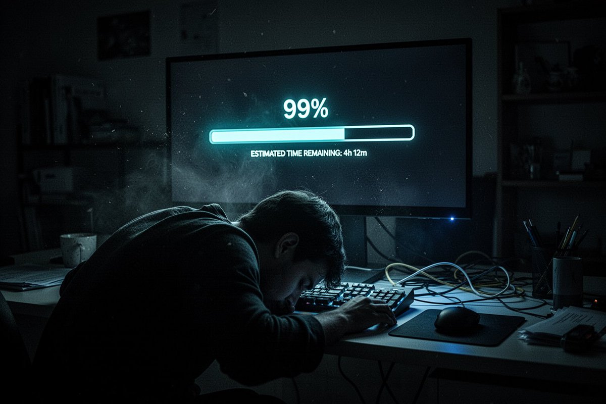 凌晨3点昏暗的家庭办公室，一个剪影般的身影脸朝下趴在键盘上睡着了，唯一的光源是一台显示器，屏幕上显示着一根卡在"99%"的渲染进度条，以及一行小字"ESTIMATED TIME…
