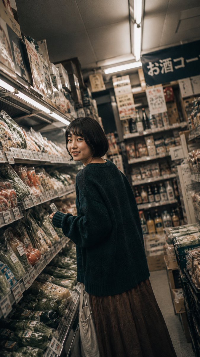 一张电影感、怀旧风格的生活方式摄影作品，拍摄于日本雨后湿漉漉的住宅街道上。一位年轻日本女性留着黑色短款波波头，站在道路中央，温柔地微笑着回头望向镜头。她单手撑着一把透明雨伞举过头…