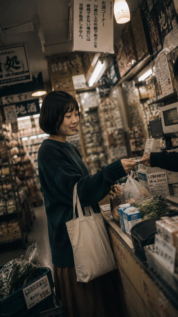 一张电影感、怀旧风格的生活方式摄影作品，拍摄于日本雨后湿漉漉的住宅街道上。一位年轻日本女性留着黑色短款波波头，站在道路中央，温柔地微笑着回头望向镜头。她单手撑着一把透明雨伞举过头…
