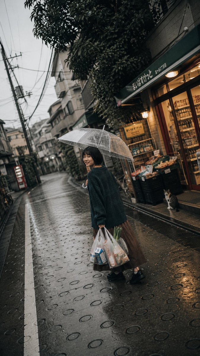 一张电影感、怀旧风格的生活方式摄影作品，拍摄于日本雨后湿漉漉的住宅街道上。一位年轻日本女性留着黑色短款波波头，站在道路中央，温柔地微笑着回头望向镜头。她单手撑着一把透明雨伞举过头…