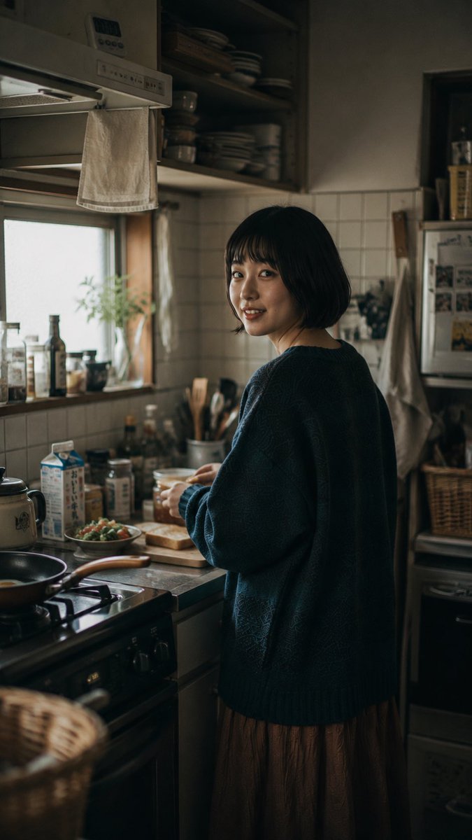 一张电影感、怀旧风格的生活方式摄影作品，拍摄于日本雨后湿漉漉的住宅街道上。一位年轻日本女性留着黑色短款波波头，站在道路中央，温柔地微笑着回头望向镜头。她单手撑着一把透明雨伞举过头…
