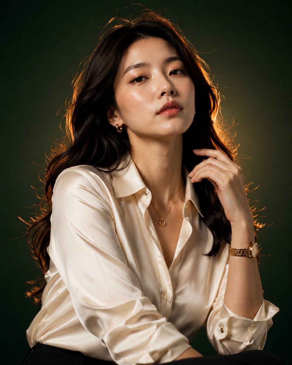 一幅超高端奢华时尚编辑肖像,描绘一位美丽的年轻东亚女性,留着长而自然的波浪黑发,妆容完美自然,自信地走向镜头,带着平静而强大的CEO般气场。她穿着优雅的象牙色丝绸缎面纽扣衬衫,带…