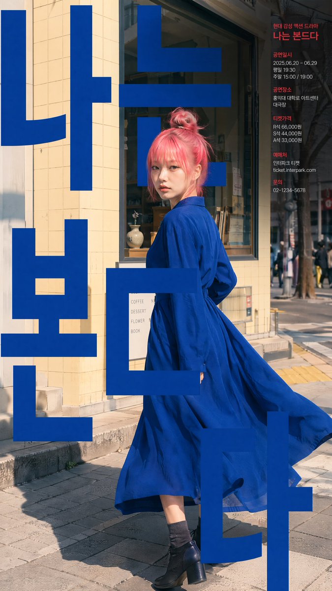 一张现代风格的韩国剧场海报设计,参考图中人物。场景采用街拍风格,背景设定为首尔街边人行道,搭配暖米黄色瓷砖墙面和店铺橱窗。 画面中央焦点清晰锐利:一位时尚的年轻韩国女性将头发盘成…