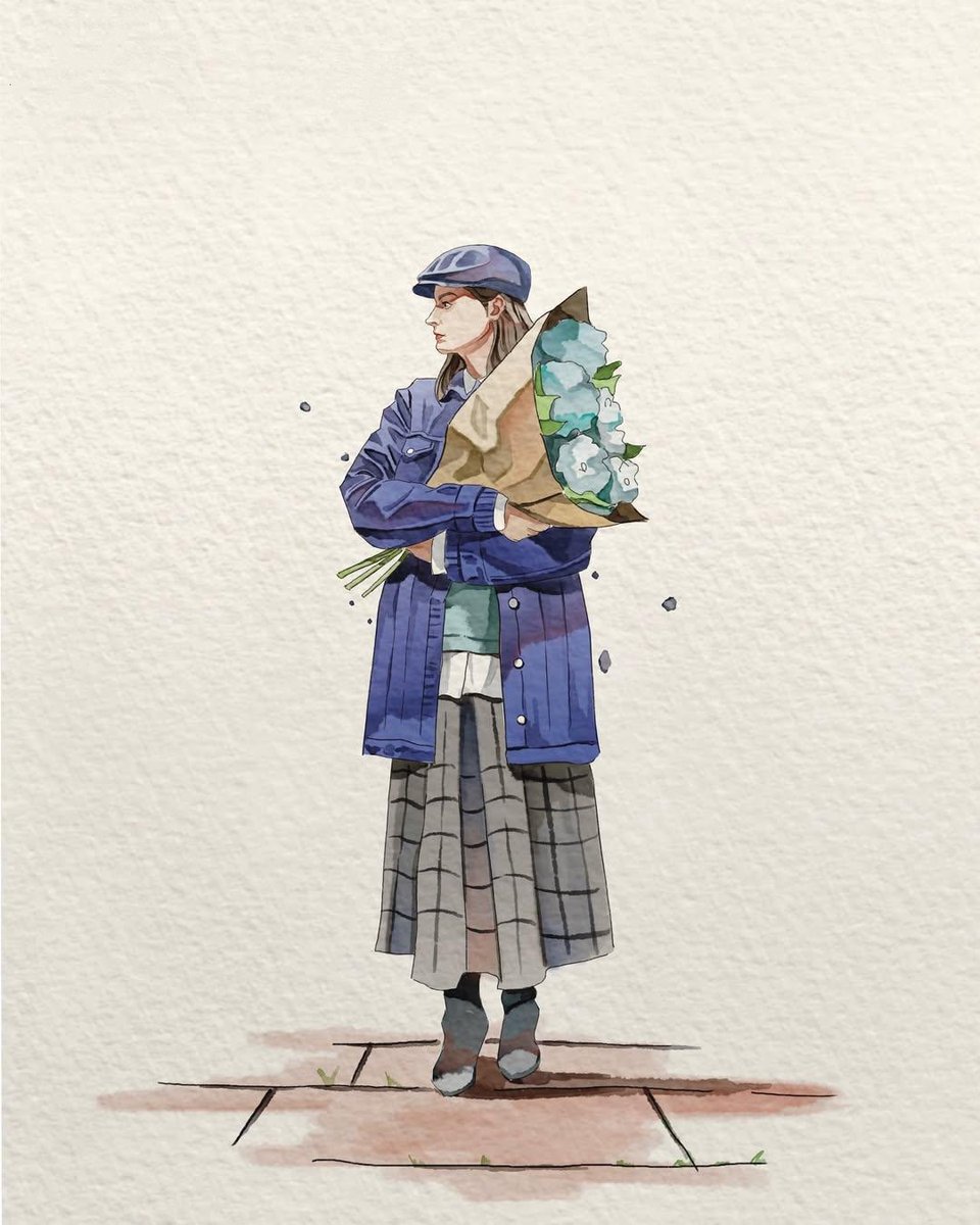 极简水彩插画,绘于带有肌理的象牙白手工纸上,柔和的粉彩色调,细腻的墨线轮廓,微妙的水彩晕染,温馨的绘本风格,大面积干净的留白。 一位时尚的年轻女性身着现代休闲服饰,是画面的主角…