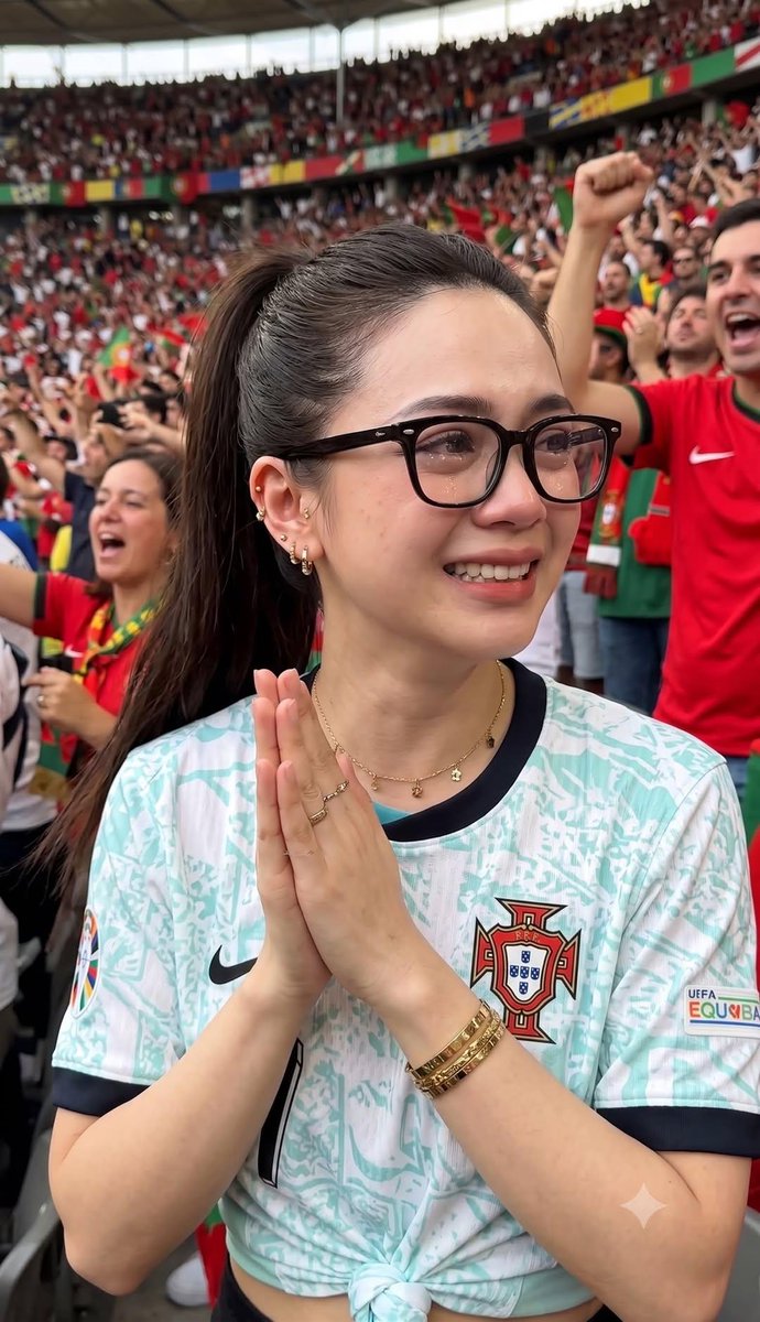 主题:在一座拥挤的足球场内,一位年轻女性沉浸在压倒性的喜悦与激动瞬间的特写抓拍。 表情与情绪:她正流下幸福的泪水,眼眶闪烁着湿润的光芒,神情柔和而真挚。双手在胸前合拢,仿佛在鼓掌…
