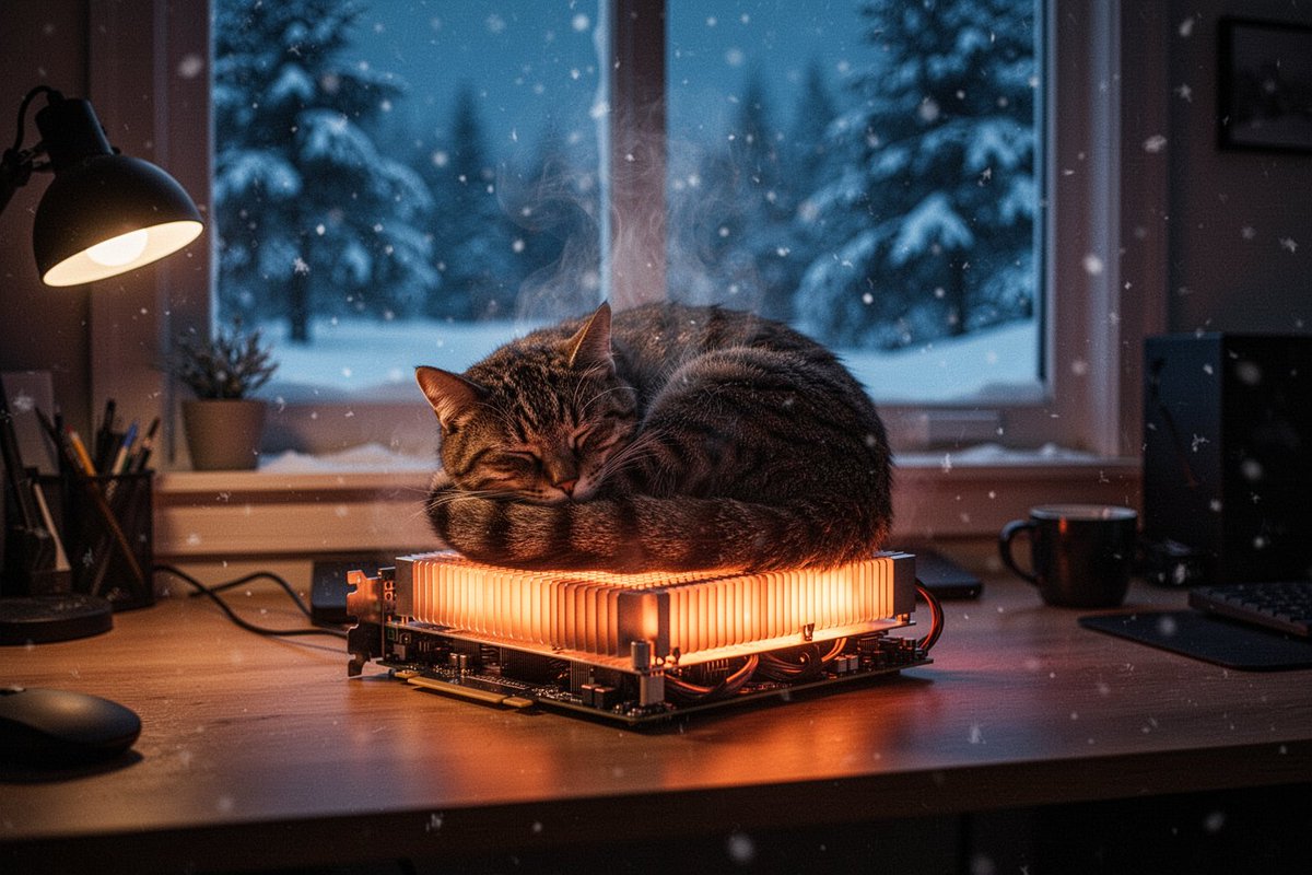 冬夜舒适的居家办公室，窗外飘落着雪花；一只猫蜷缩着睡在桌上一块敞开着的、散发着温暖光芒的显卡上，像一台小小的散热器，橙色的热辉光和热气从散热鳍片上袅袅升起，显…