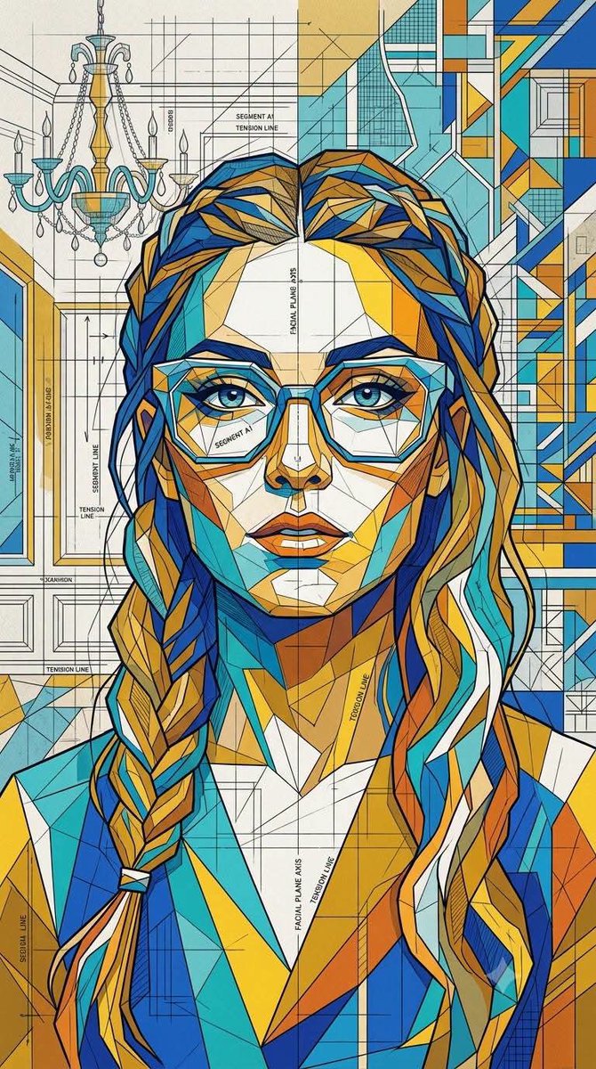 一幅极致精细的几何马赛克肖像插画,融合立体主义抽象、建筑蓝图美学和当代编辑设计流行艺术风格。由成千上万块相互锁合的棱角分明多边形碎片构成,无彩色线条,呈现碎片化平面、分段化的无色…