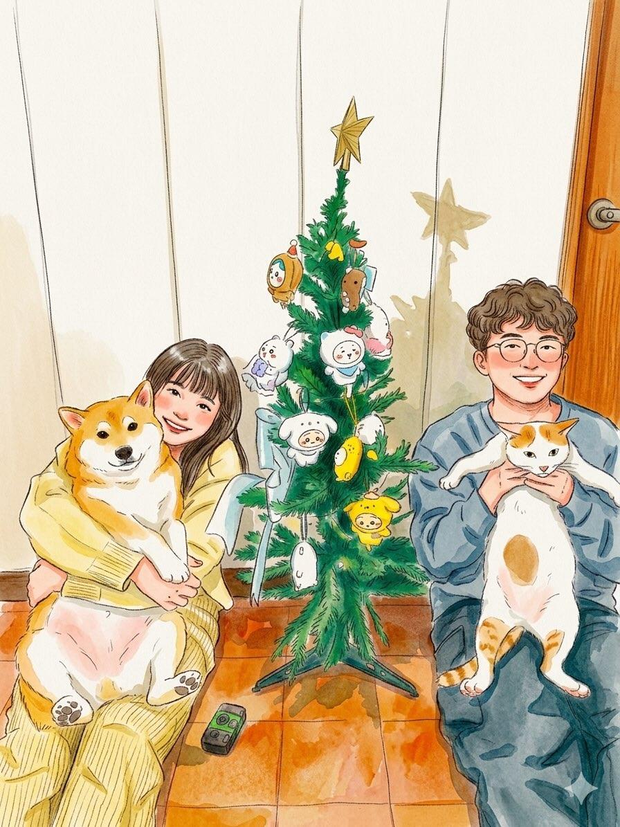 可爱温馨的日常生活插画,采用柔和的水彩加彩色铅笔的绘本风格。画面左侧坐着一位微笑的女孩,她留着长长的深色头发,穿着宽松的柔和淡黄色睡衣,正抱着……
