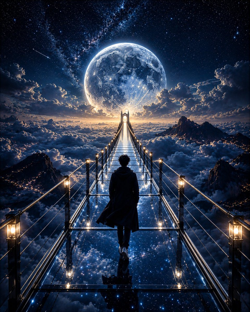 一位孤独的旅人身穿黑色长袍，步履匆匆地走过一座不可思议地漫长的发光玻璃桥，桥悬于云端之上。巨大的月亮占据了整个地平线，星星在玻璃桥透明之下倒映…… 使用 @lovimg_com…