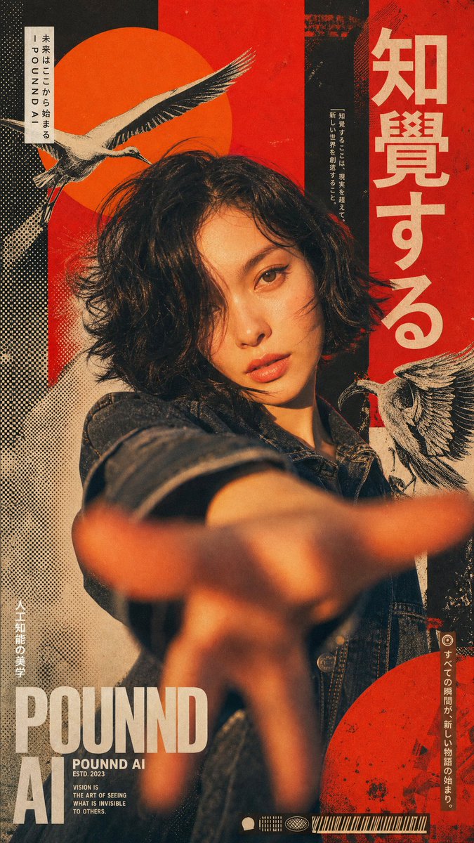 GPT IMAGE 2 于 CHATGPT ：一幅混合媒介拼贴艺术作品，描绘一位年轻亚洲女性，留着短而波浪状的黑色头发，身穿深色牛仔夹克，直视镜头。一只手正伸展…… 由 @lov…