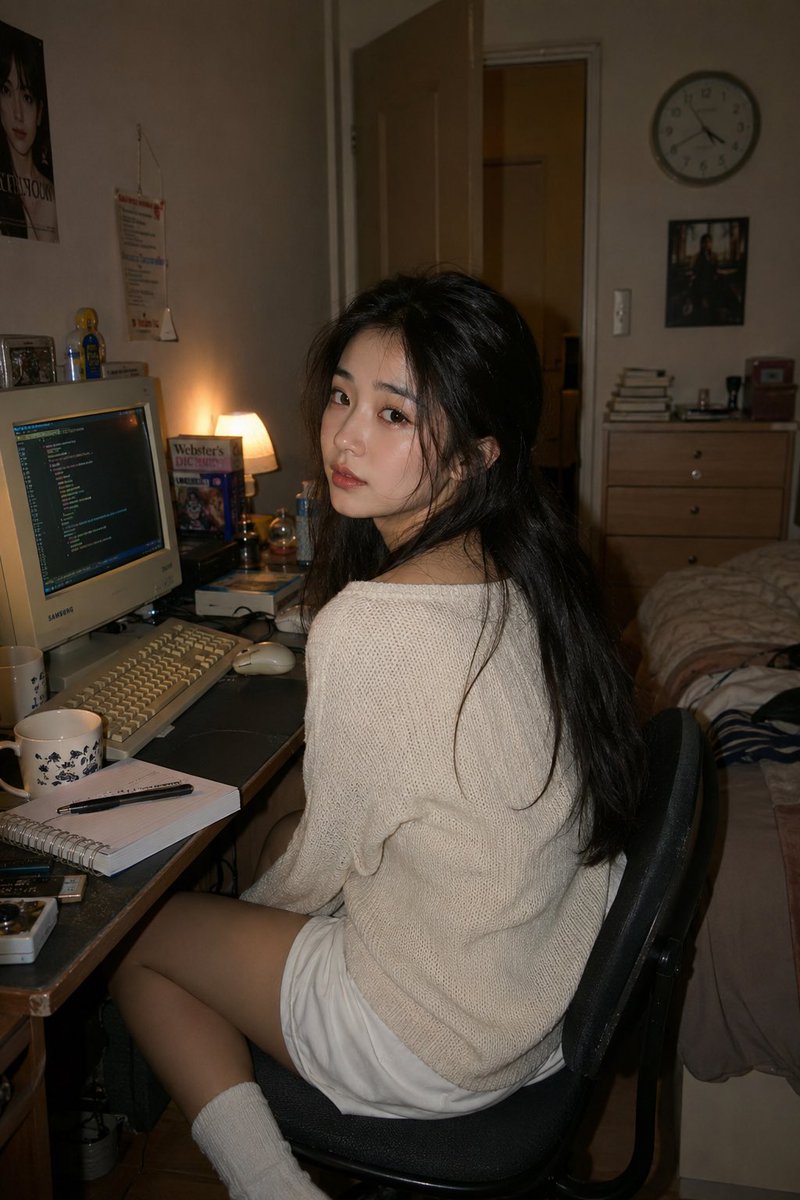 一张照片写实风格的生活肖像照：一位年轻东亚女性随意地坐在一间温馨公寓卧室里的复古电脑工作站旁。她身体略偏离桌子，微微回头望向镜头，表情若有所思、宁静安详，给人一种自然、不刻意摆拍…