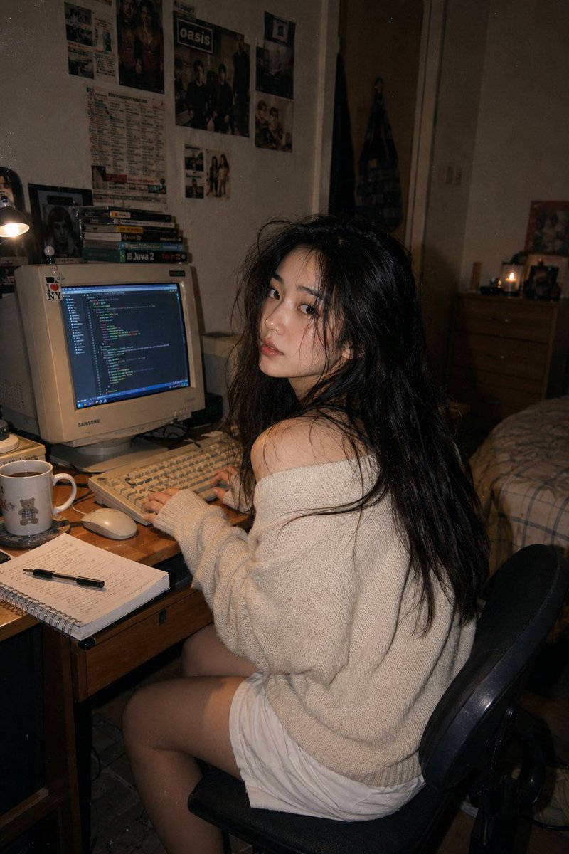 一张照片写实风格的生活肖像照：一位年轻东亚女性随意地坐在一间温馨公寓卧室里的复古电脑工作站旁。她身体略偏离桌子，微微回头望向镜头，表情若有所思、宁静安详，给人一种自然、不刻意摆拍…