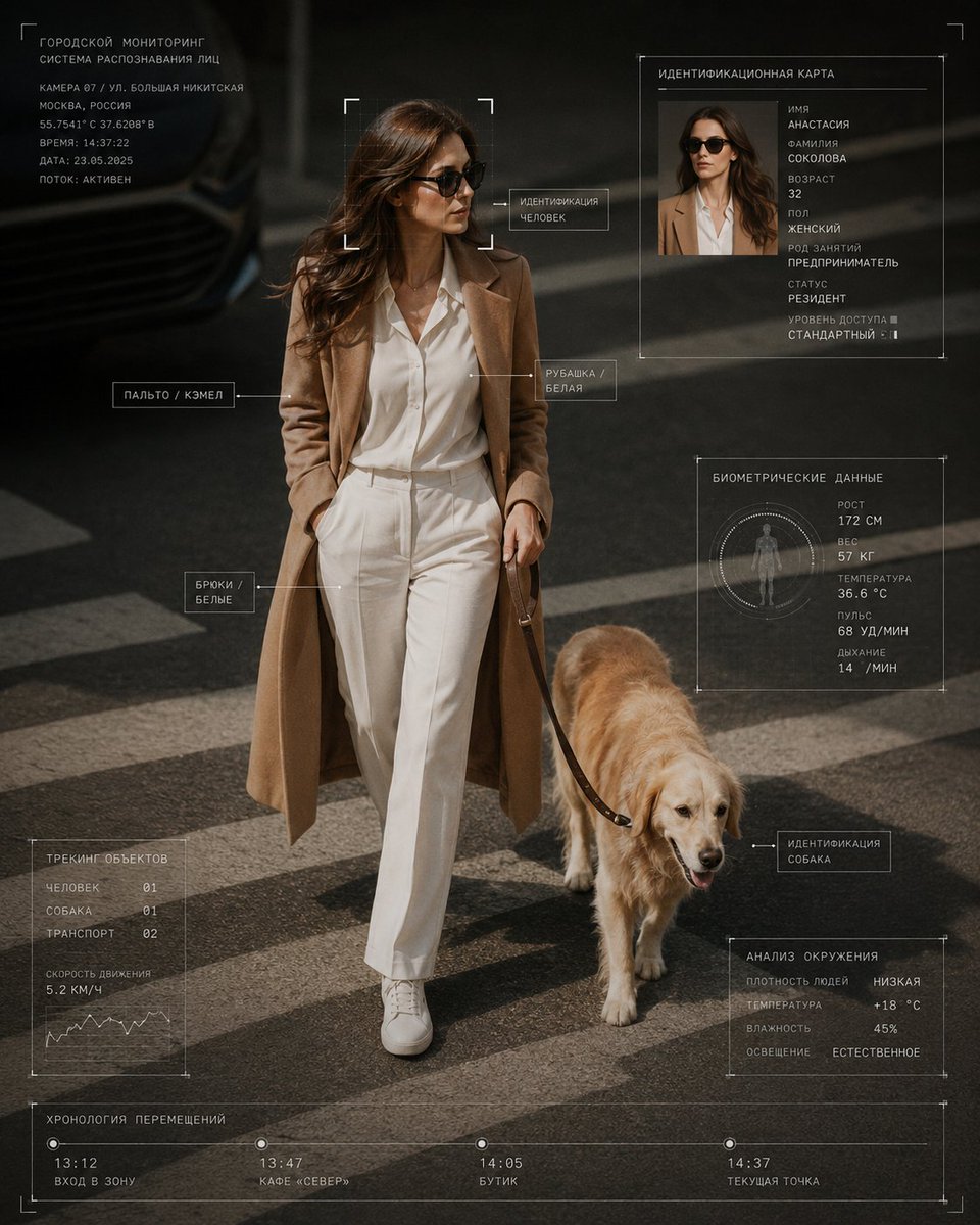 赛博核 编辑风格摄影：[your details] 身着 [clothing]，与 [animal] 一同在 [location] 中行走。画面为一张写实的抓…