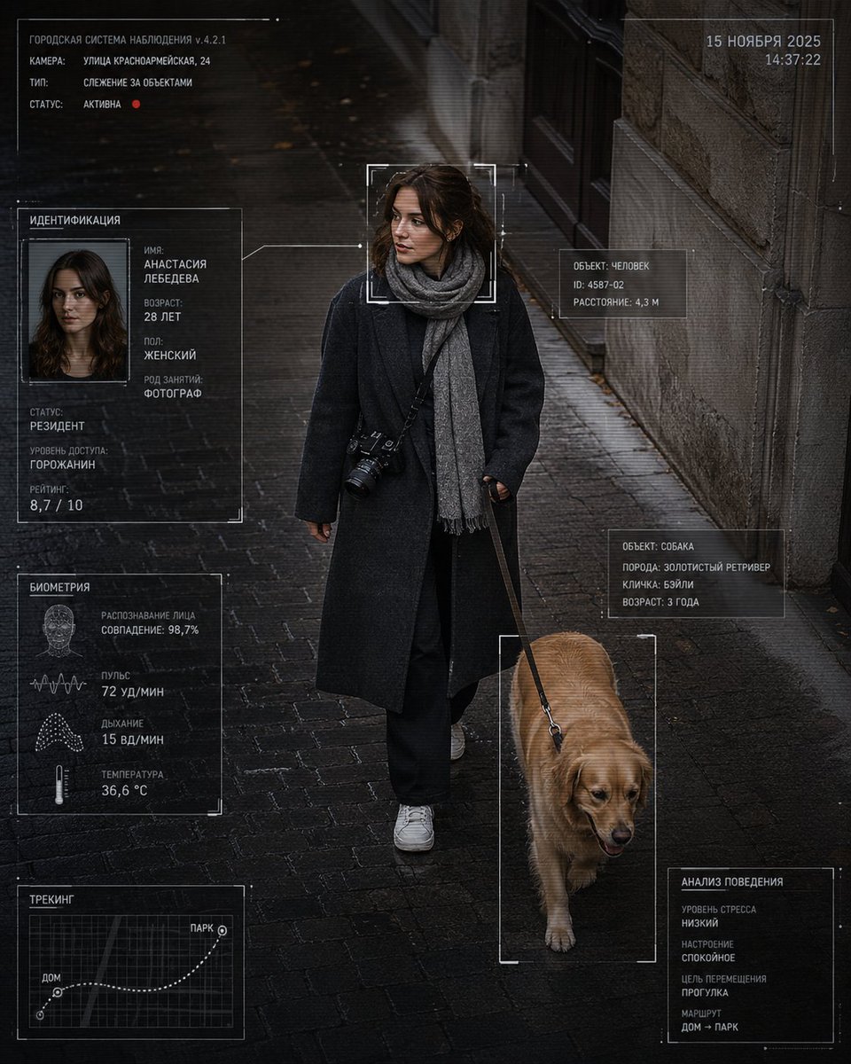 赛博核 编辑风格摄影：[your details] 身着 [clothing]，与 [animal] 一同在 [location] 中行走。画面为一张写实的抓拍街拍照片，采用略微…